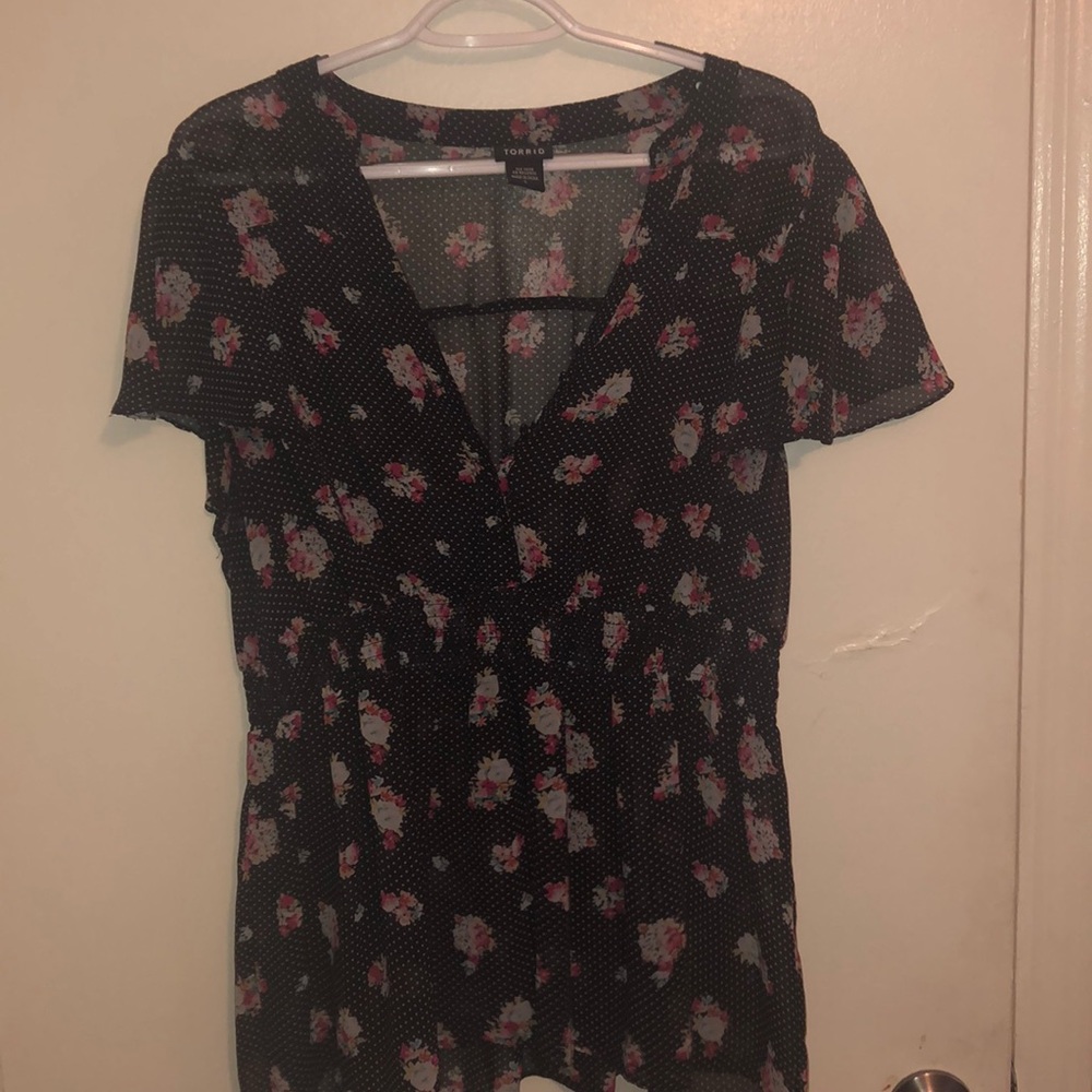 Torrid blouse! Sheer black, polka dot, and floral.